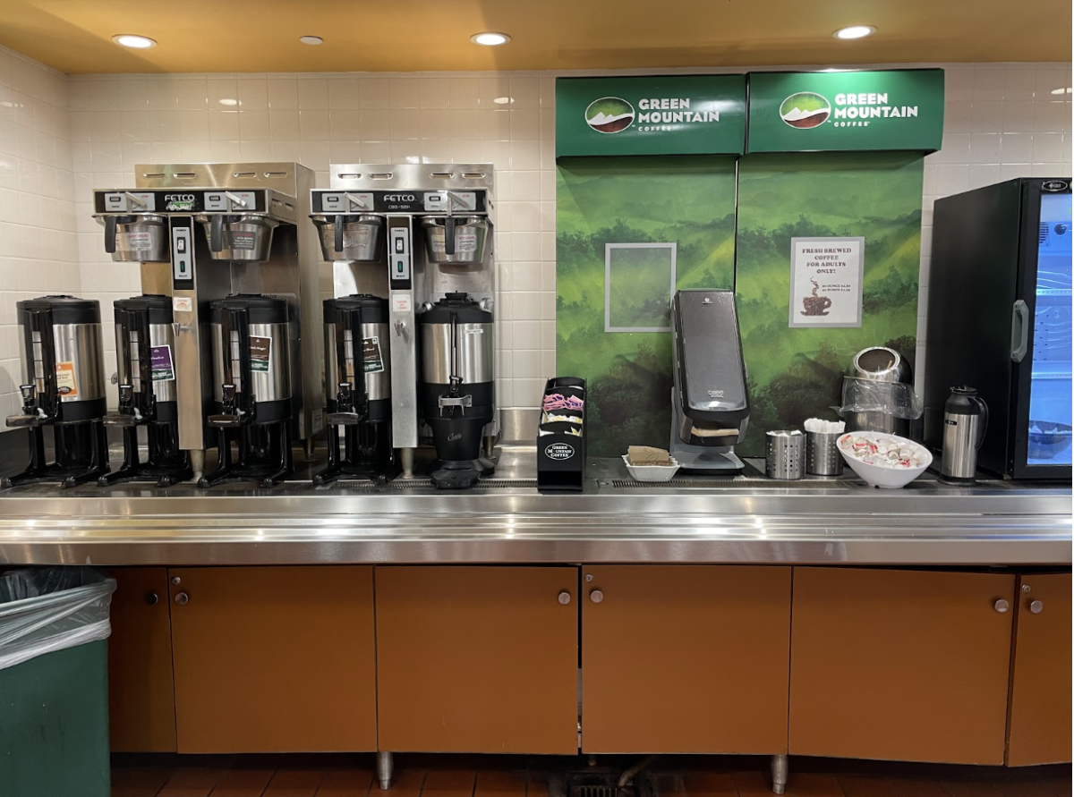The coffee station provided in the Staples Cafeteria. It has five different types of coffee as well as sugars, creamers and milk. When I asked for a cup one of the workers said “it is only for teachers.”